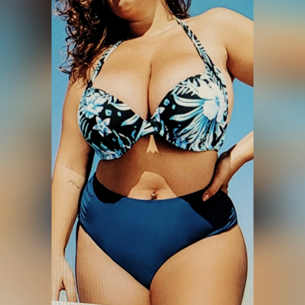 NWT 2X MOLDED CUP HALTER TIE BACK HIGH WAISTED BIKINI SWIM HAWAII PRINT TOP